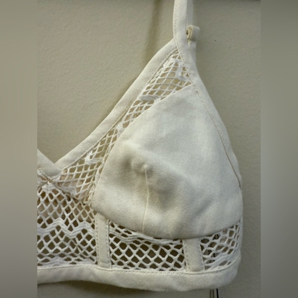 NWT PatBO Linen Blend Bralette Mesh Lined Crop Top in Cream and Tan - 0 - Picture 5 of 16
